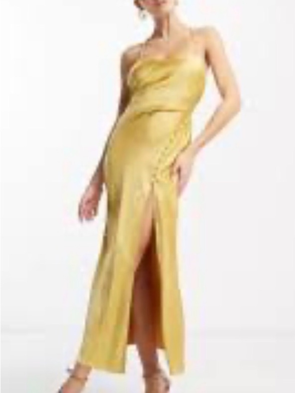 ASOS Gold One-Shoulder Satin Maxi Dress with Side Slit/ button details